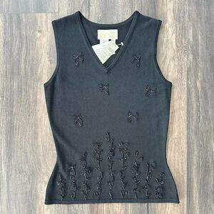 NWT Cache Gold Tag Shirt Floral Beaded Black Sleeveless Sweater Vest VNeck Small